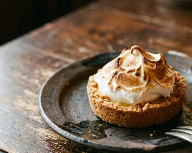 Lemon meringue tart on a dark plate on a wooden table.