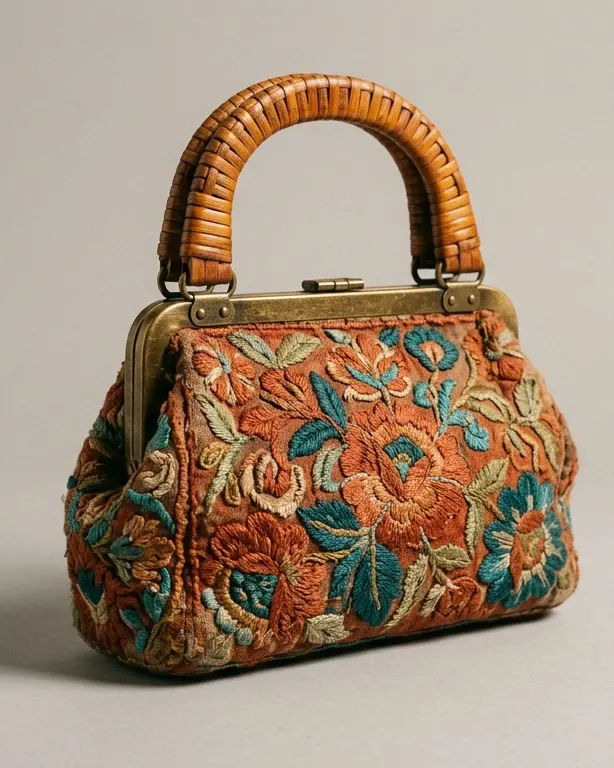 Embroidered handbag with a rattan handle.