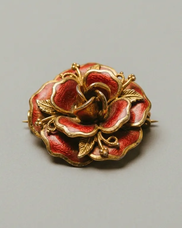 Red enamel rose brooch.