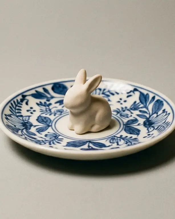 Ceramic rabbit on a blue and white saucer.