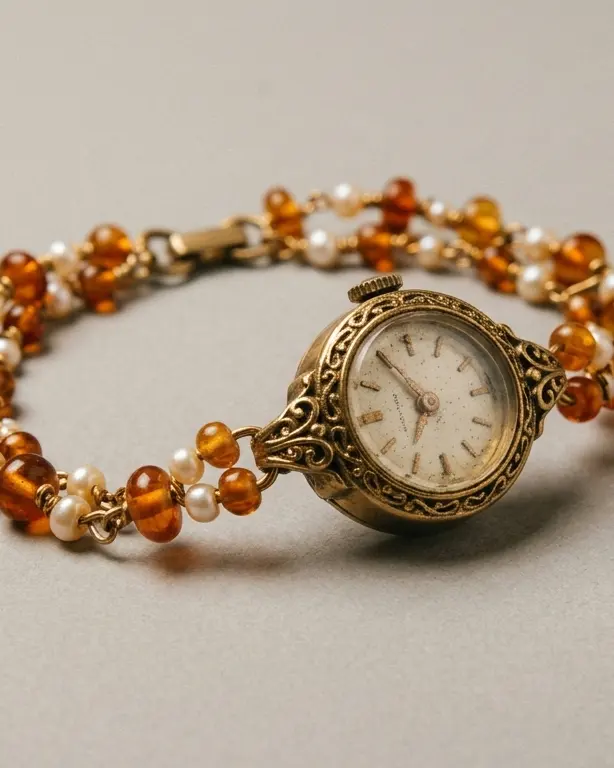 Wristwatch on an amber bead bracelet.