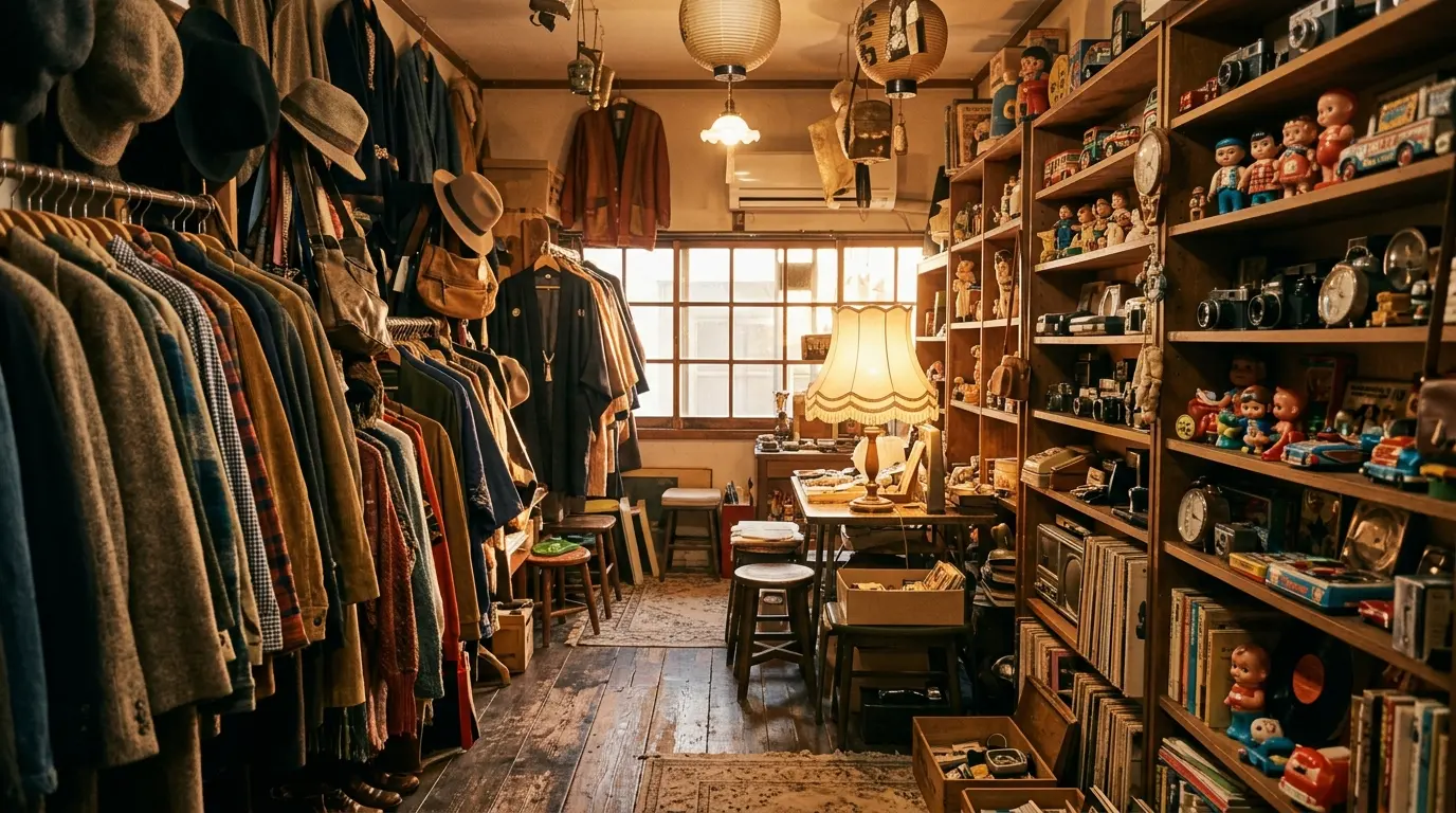 Inside a lamplit vintage shop: racks of coats on the left, shelves of toys, cameras and clocks on the right.