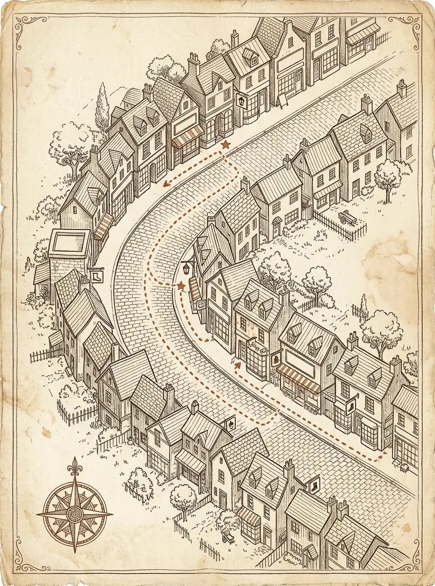 Hand-drawn illustration of a curved street of shophouses with two stars marked on it.
