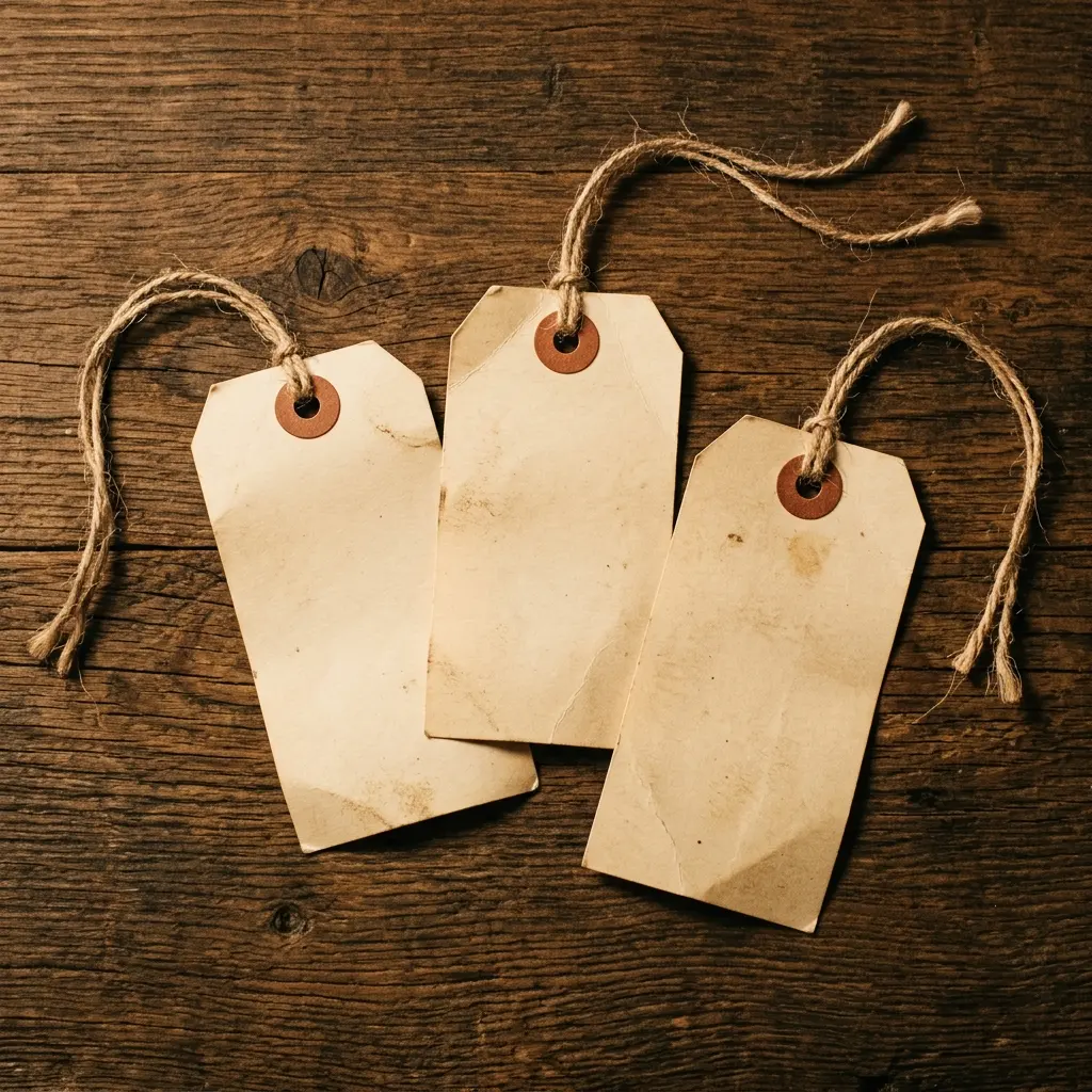 Three blank manila price tags with twine on a wooden table.